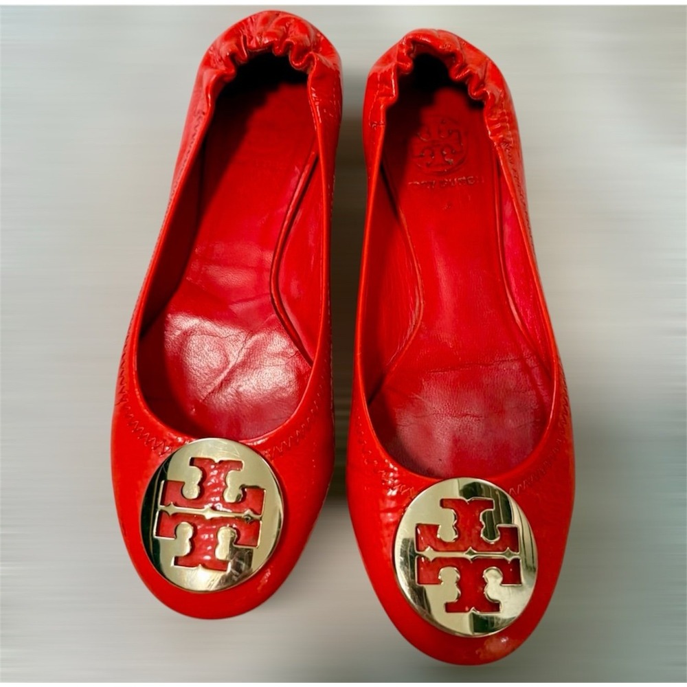 Tory Burch Orange Patent Leather Ballet‎ Flats Gold Logo Women's Size 5-5.5